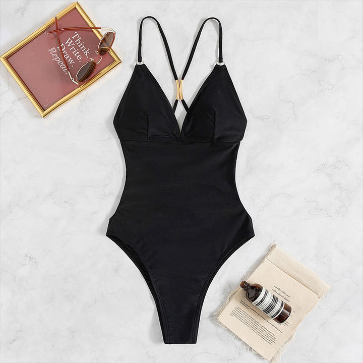 Dame jumpsuit badedragt med dyb V-hals og elegante stropper Skovae