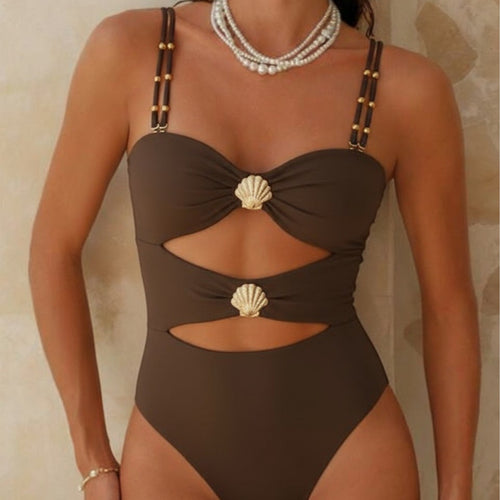Dame Designer-badebuks med cut-out-detaljer og musling-application Skovae
