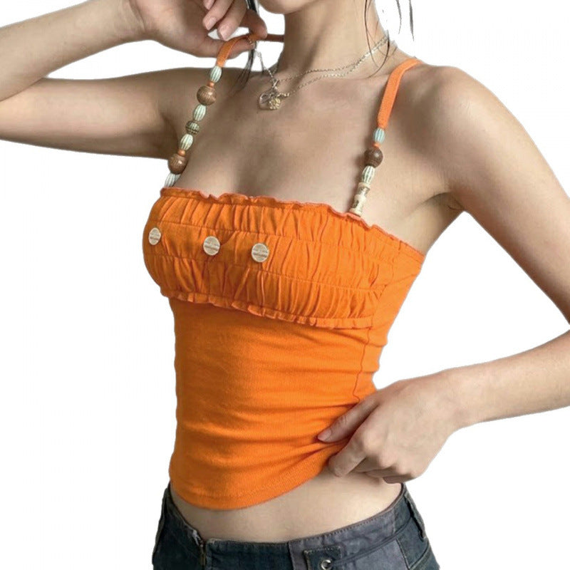 Damen Spitzen-Crop-Top mit dekorativem Rüschen und Knopfdetails Skovae
