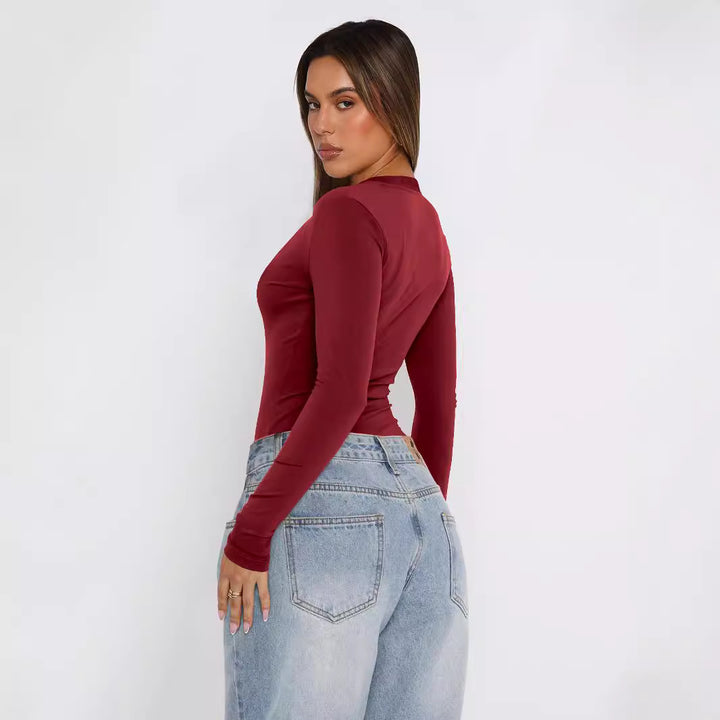 Dame V-hals bodysuit med lange ærmer i elastisk materiale Stilla