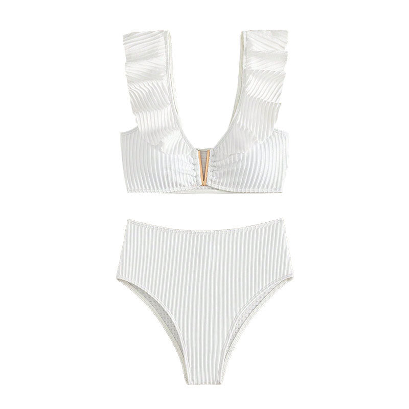 Dame højtaljede bikini-sæt med ruffle-detaljer og gyldne accenter Skovae