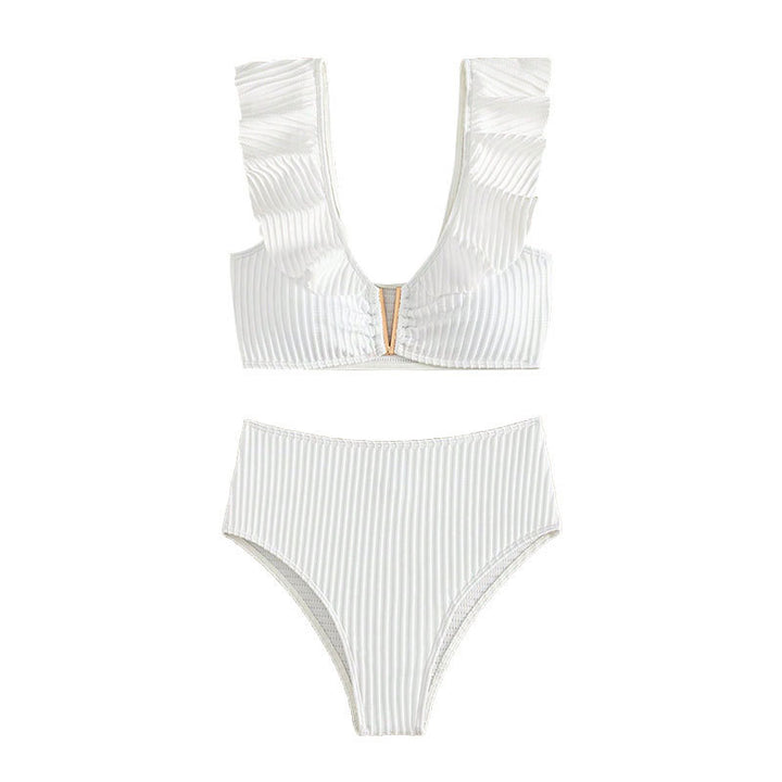 Dame højtaljede bikini-sæt med ruffle-detaljer og gyldne accenter Skovae