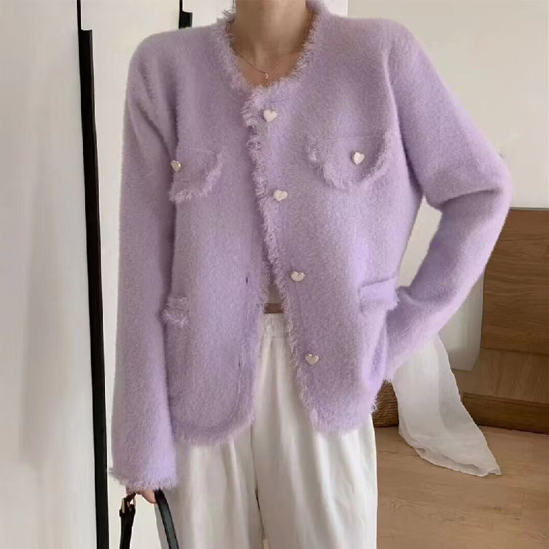 Kvinders Fluffy Cardigan med Hjerte Detaljer Stilla