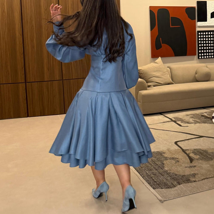 Kvinders vintage-inspirerede A-linje kjole med elegante puffærmer og knaplukning Skovae