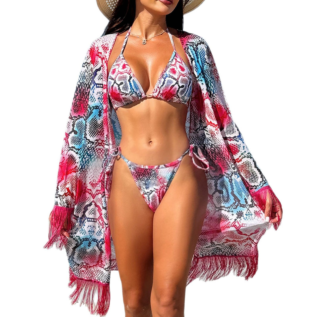 Dame Bikini-sæt med legende slangeskindsprint og frynsedekoreret cover-up Stilla