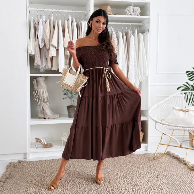 Dame Off-Shoulder Maxikjole med Talje Bælte Stilla