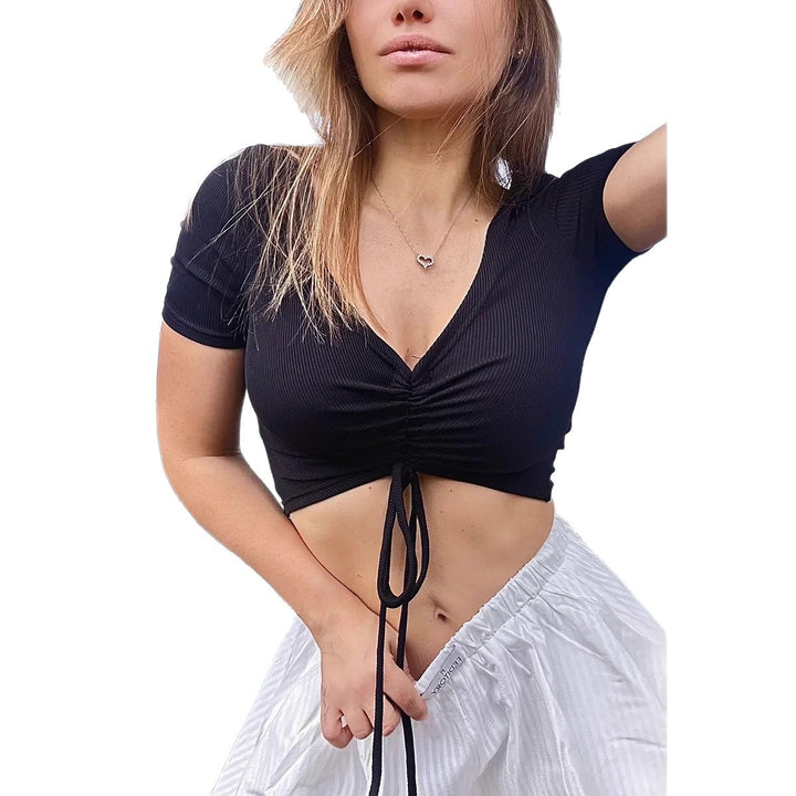 Dame Crop-Top med mode rynkeelement og snor