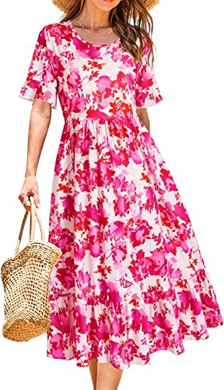 Kvindernes midi kjole med blomsterdesign og volang kant Stilla