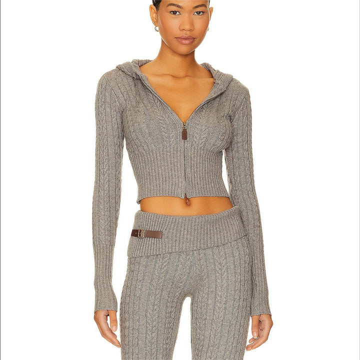 Femme Cozy Cropped Kabelstrik Hoodie Sæt Stilla