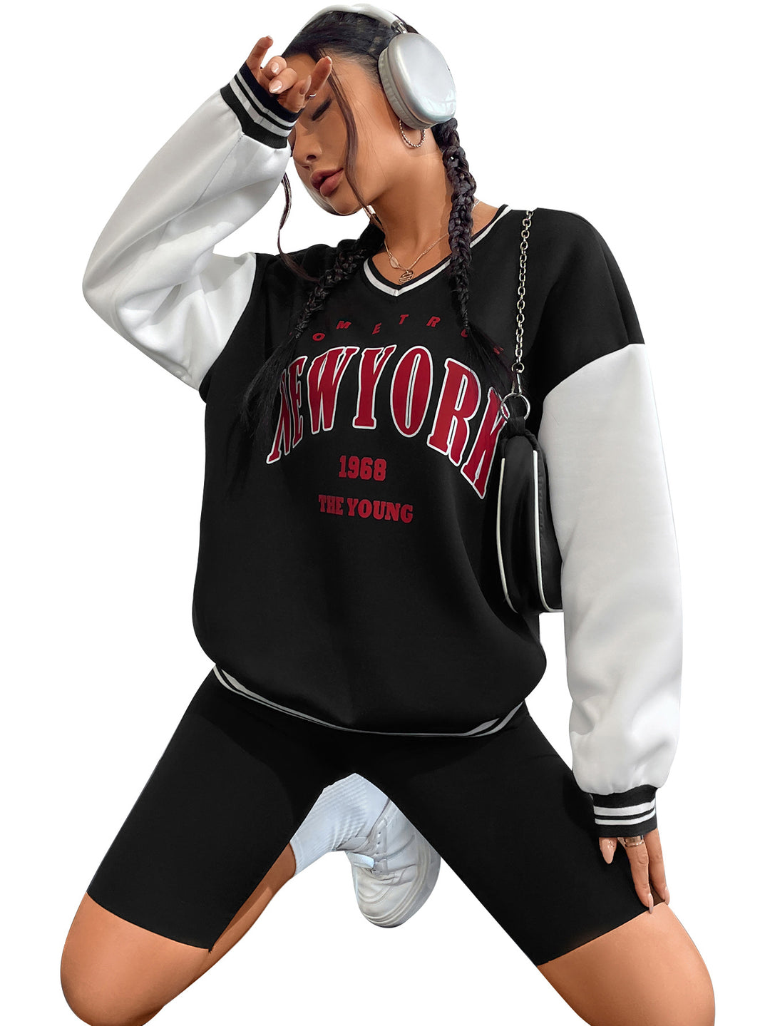 Kvinders casual sweatshirts med V-hals og sporty bogstaver Stilla