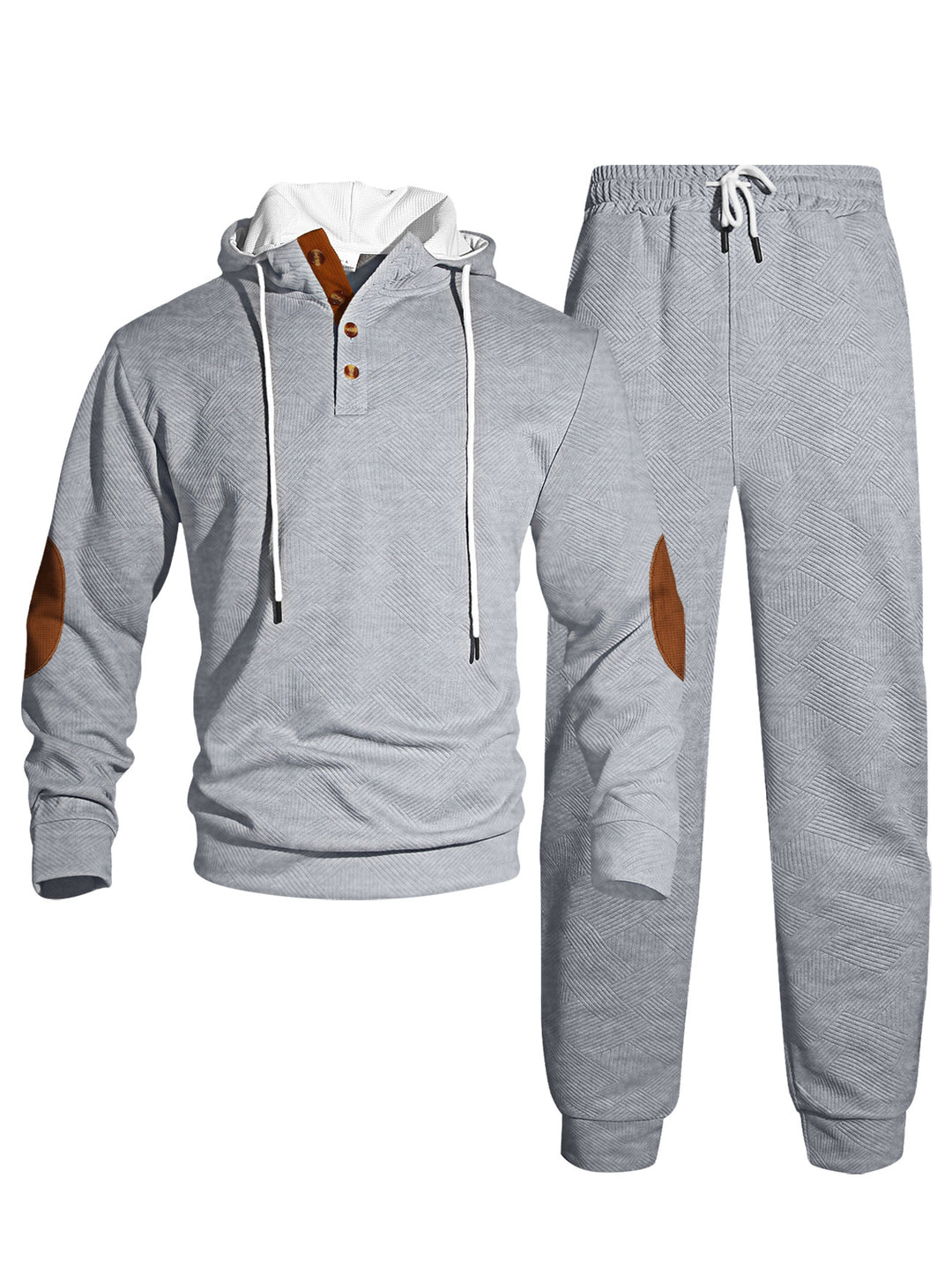 Herrer nan vaffelstruktur Henley-hoodie sæt med træknap liste albue-patch og konisk joggingbukser Skovae