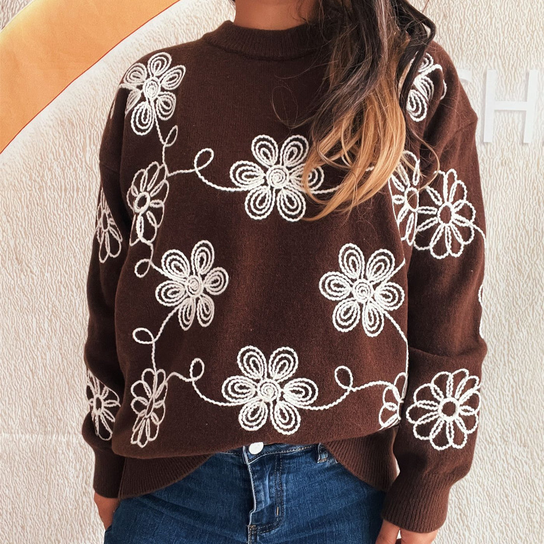 Kvindernes hyggelige strikket sweater med blomster mønster og høj krave Stilla