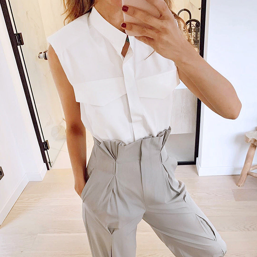 Dame ærmeløs bluse med praktisk lomme design Stilla