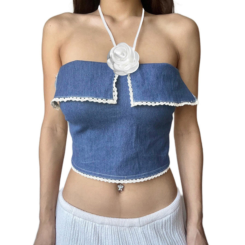 Dame Crop-Top med blomsterapplikation og dekorativ skæring Stilla