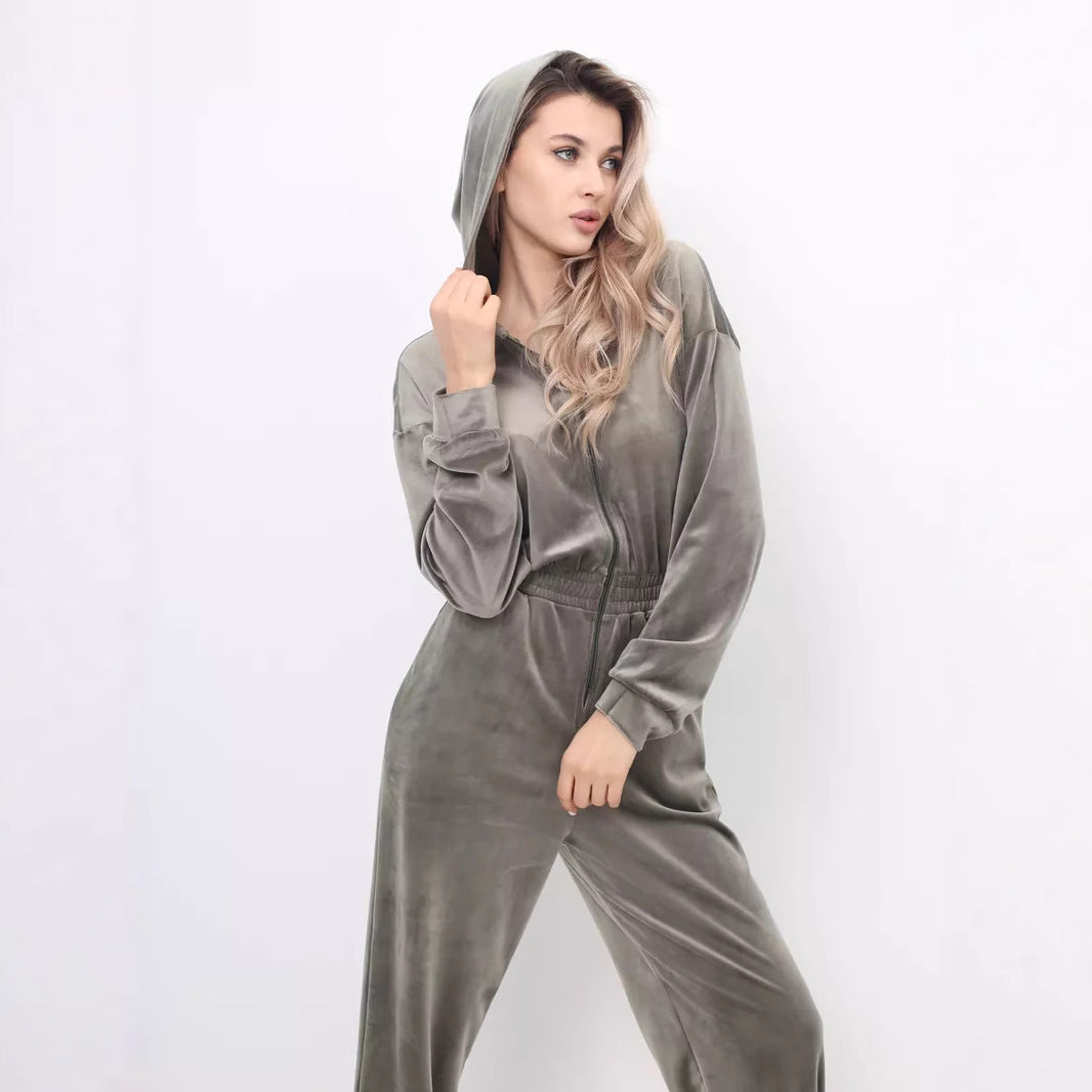 Kvindernes fløjls jumpsuit med hætte og elastisk talje Skovae