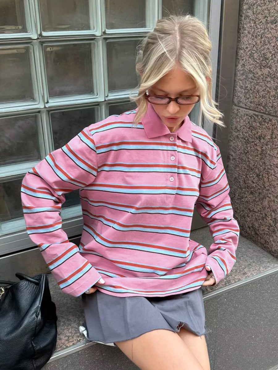 Dame Langærmet Poloshirt med stribet design og klassisk krave Stilla