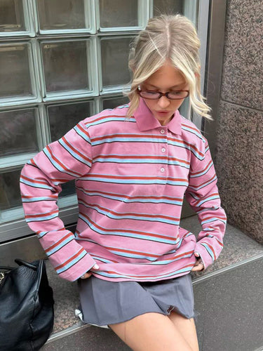 Dame Langærmet Poloshirt med stribet design og klassisk krave Stilla
