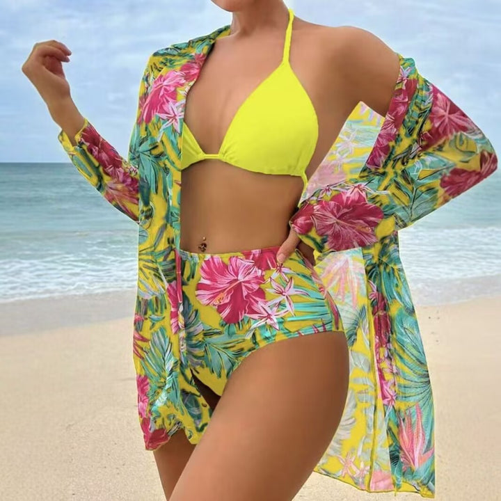 Dame bikini sæt med blomstermønster og gennemsigtig strandoverdel Skovae