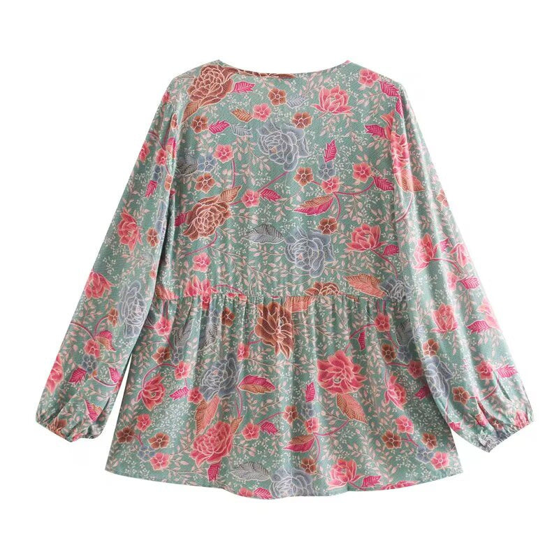 Dame langærmet bluse med blomstermønster og rynke Stilla