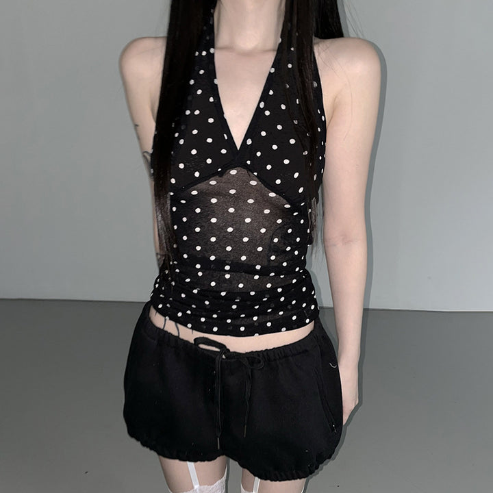 Dame Halterneck Top med Polka Dots Skovae