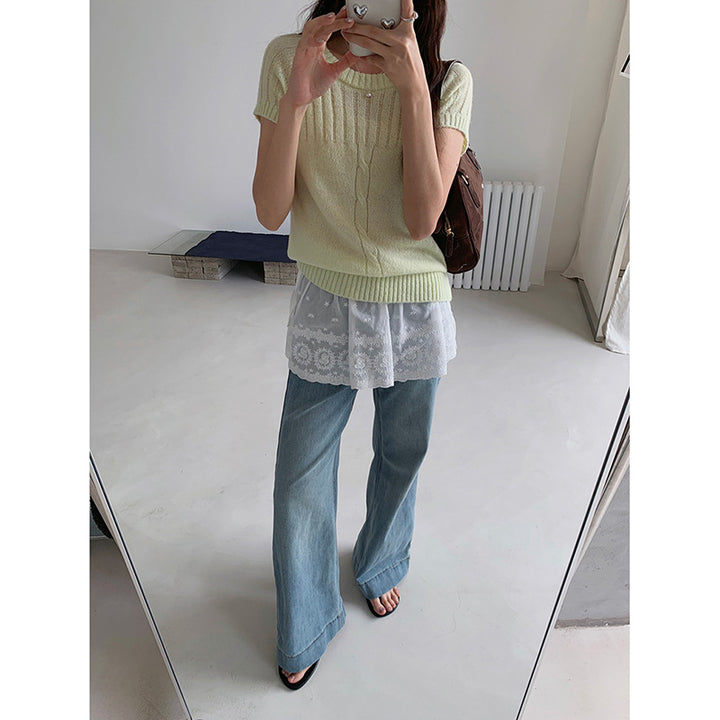 Dame elegant strikoverdel med transparente ærmer og detaljeret blomster spids Stilla