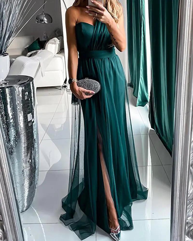 Dame Elegant Aftenkjole med Off-the-Shoulder Skæring og Høj Slid Skovae