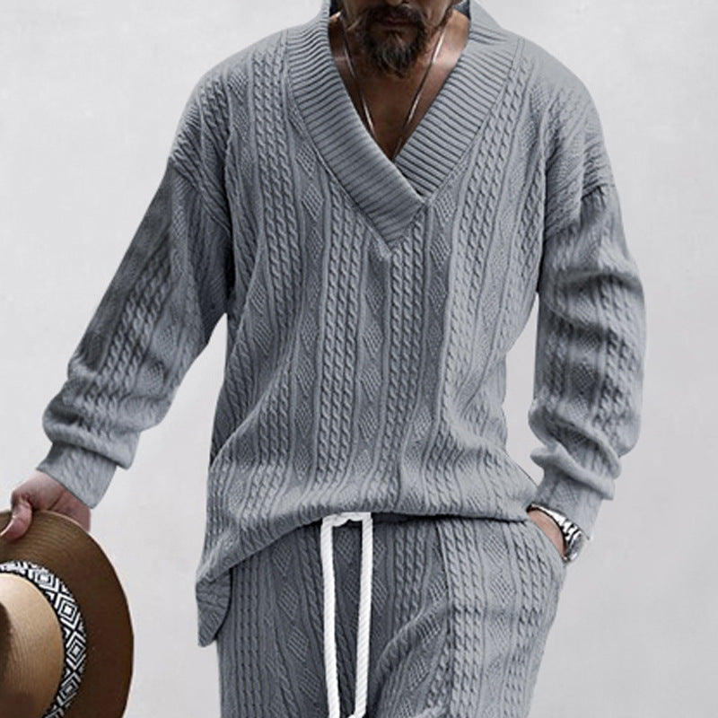 Herren nan Oversize Fletmønster-Longpullover med dyb V-halsudskæring og matchende strikbukser Skovae