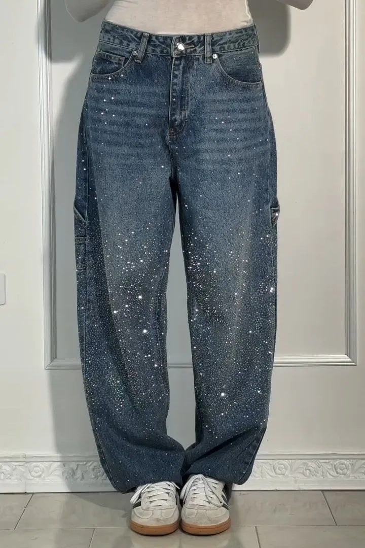 Kvinder casual baggy jeans med glitrende applikationer Stilla