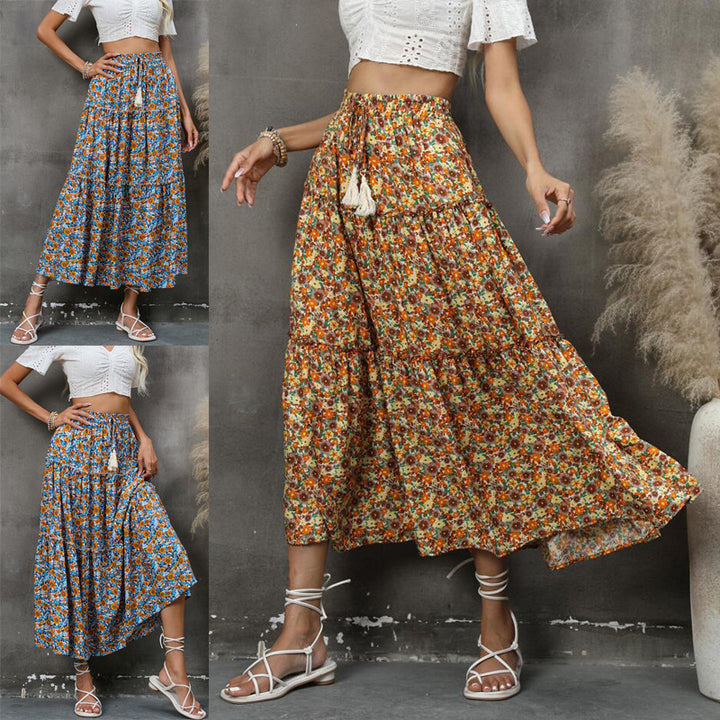 Femme Bohemian stribet Midi-nederdel med justerbart taljebånd Stilla