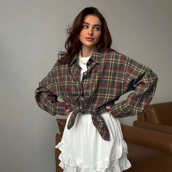 Dame fleece-skjortejakke i ternet design med oversized snit Stilla
