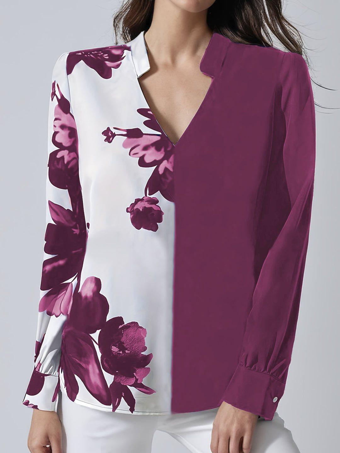 Damebluse med asymmetrisk snit og blomstermotiv Stilla