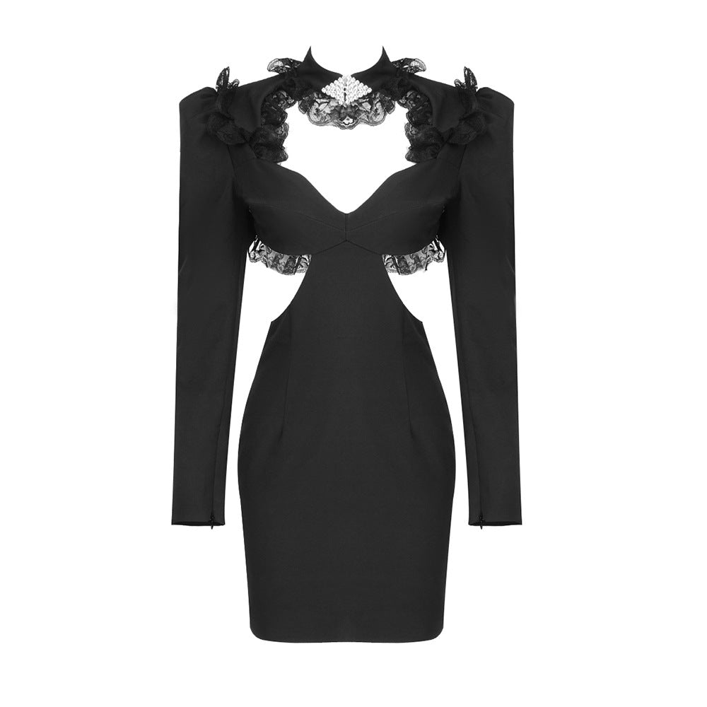 Dame elegant Cut-Out kjole med spidse applikationer og lange ærmer Skovae