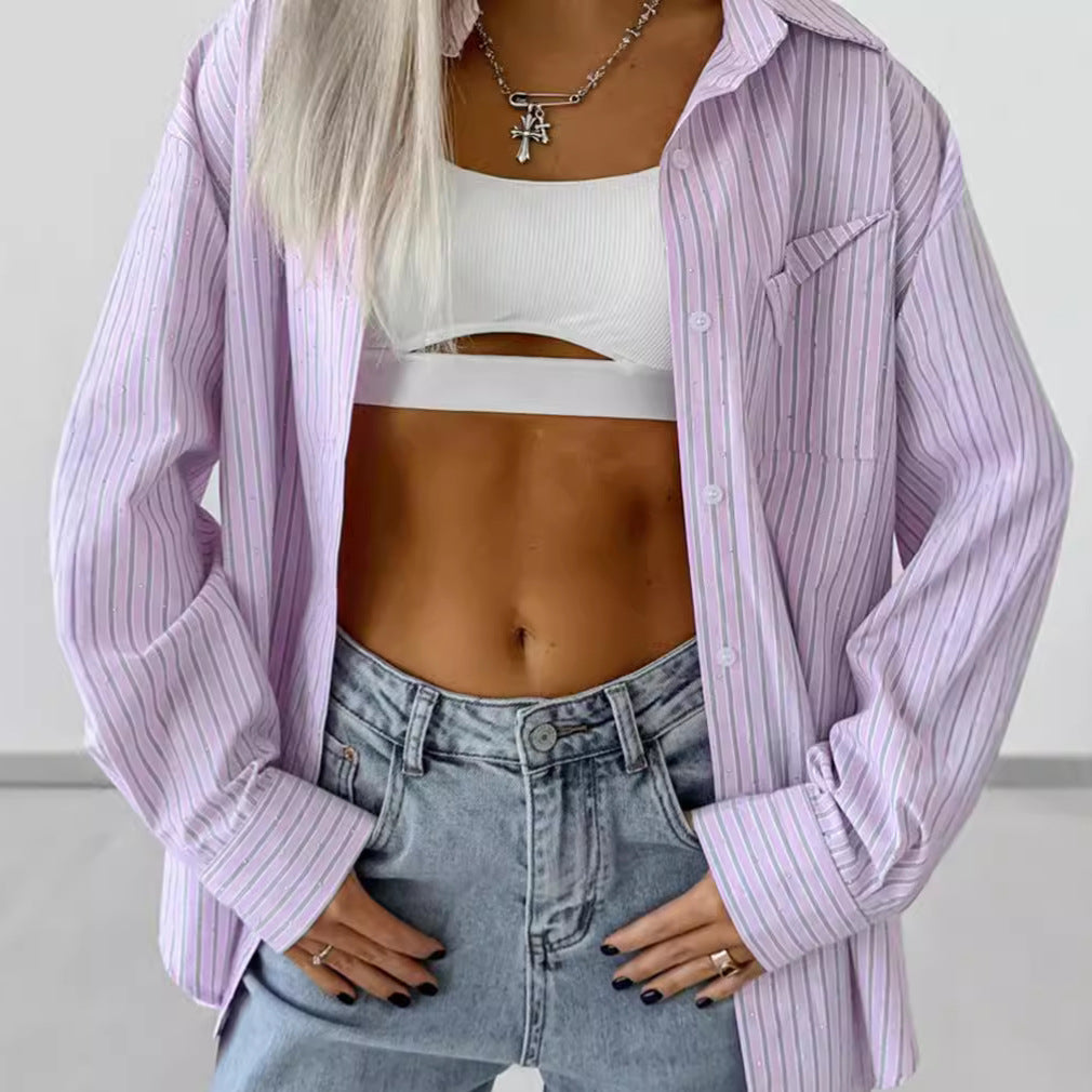 Dame Oversized Skjorte med stribet design og brystlomme Stilla