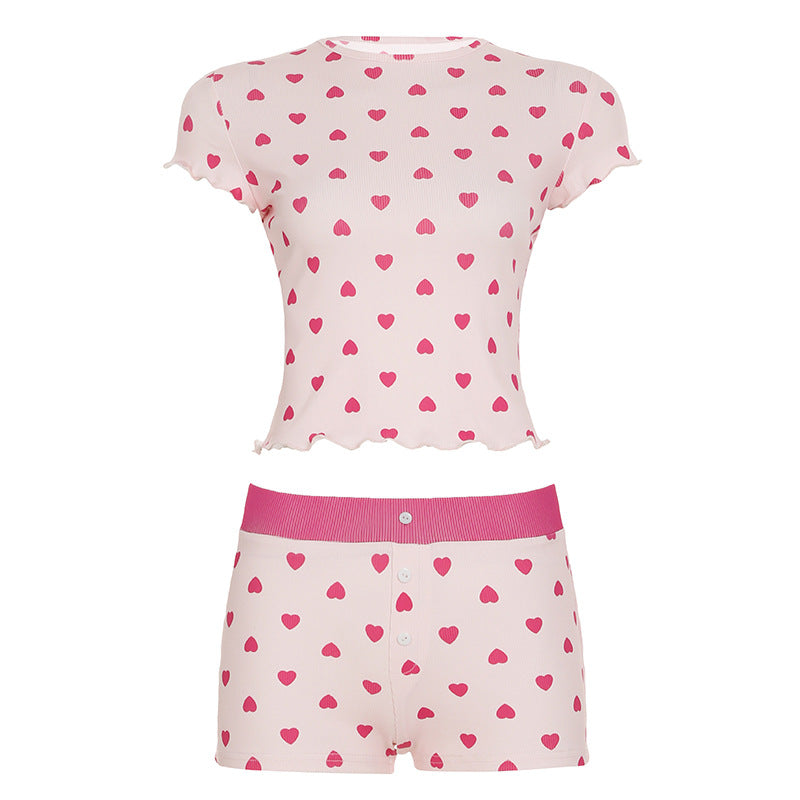 Dame Pyjama Sæt med hjerteformet mønster og elastisk waistband Skovae