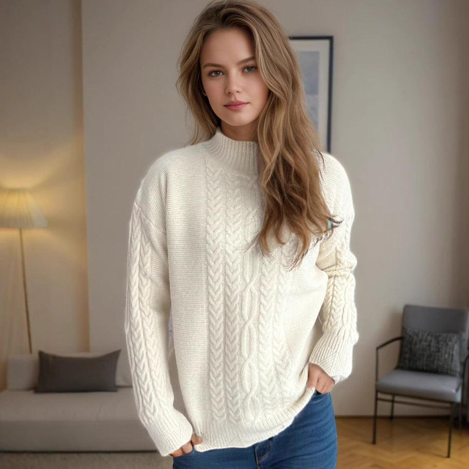 Kvinders strikket sweater med dekorativ kabeldesign og elegant rund halsudskæring Stilla