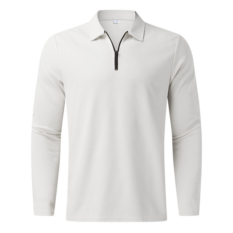 Herre langærmet poloshirt med kentkrave, kort frontlynlås og fin vaffelstruktur Skovae