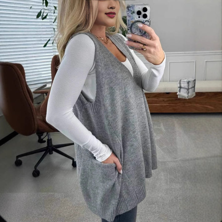 Dame Casual Vest med V-hals og praktiske lommer Stilla