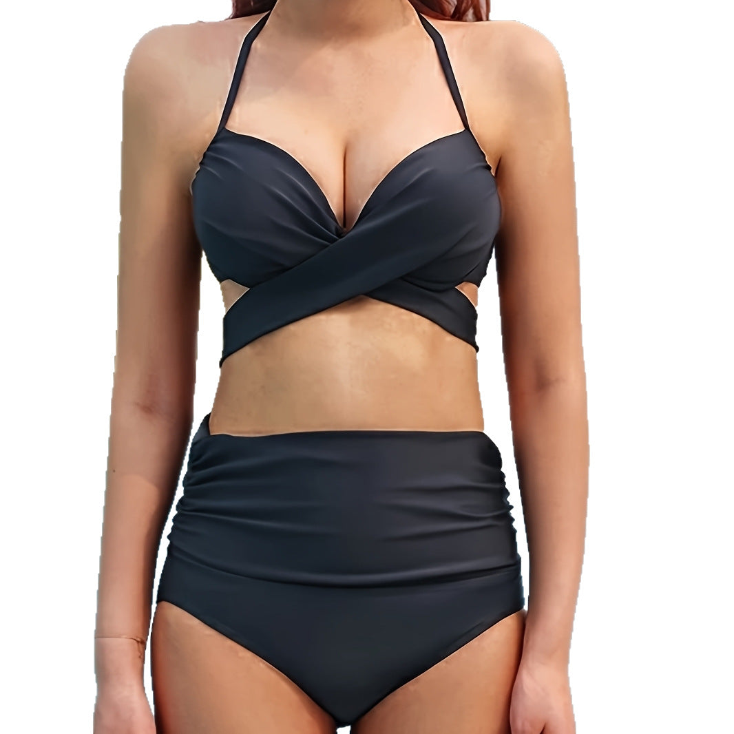 Dame elegant højskåret bikini med raffineret draperingseffekt Skovae