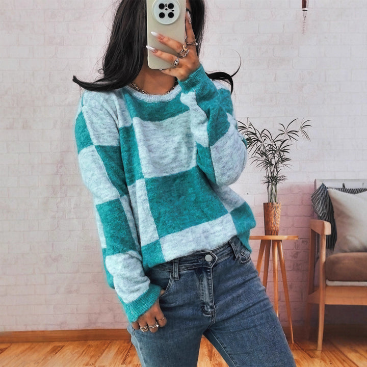 Kvindernes afslappede sweater med moderne ternet mønster Stilla