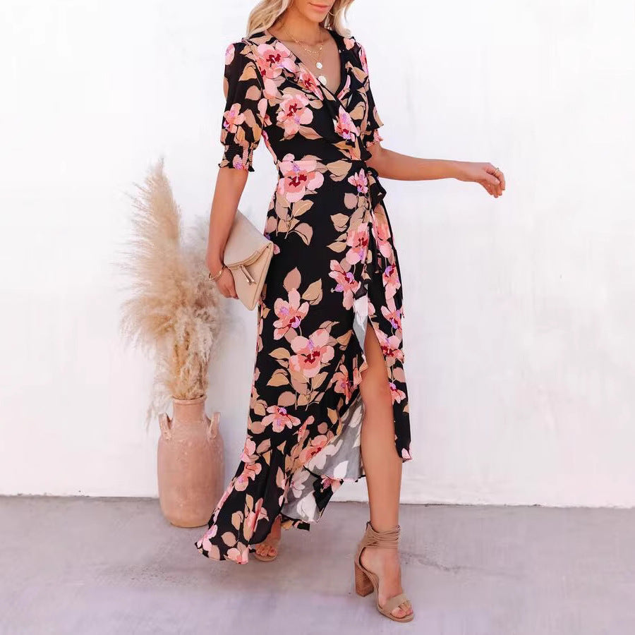 Dame Blomster Wrap Maxi Kjole Stilla