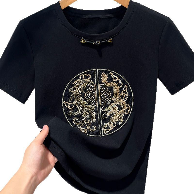 Dame T-shirt med kunstnerisk dragebroderi og elegant ståkrave Stilla