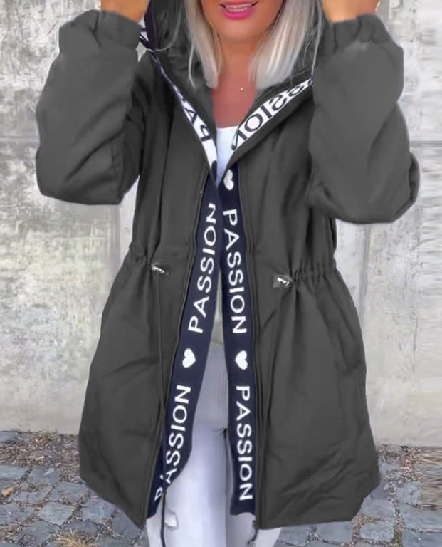 Dame nan Hoodie parka med tunneltræk talje og logo bånd lynlås Skovae