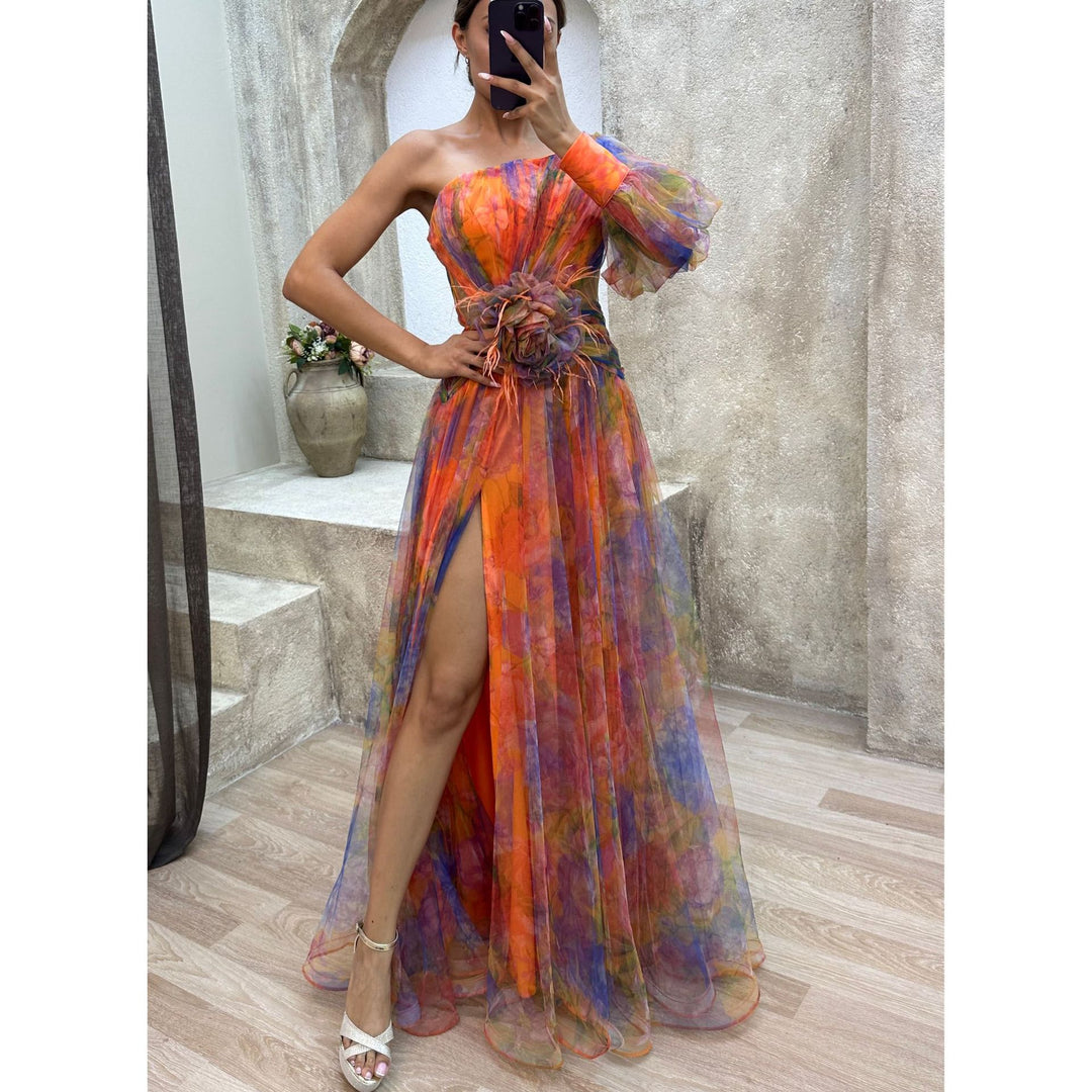 Dame Elegant One-Shoulder Maxikjole med floral chiffon og høj slidse Stiila