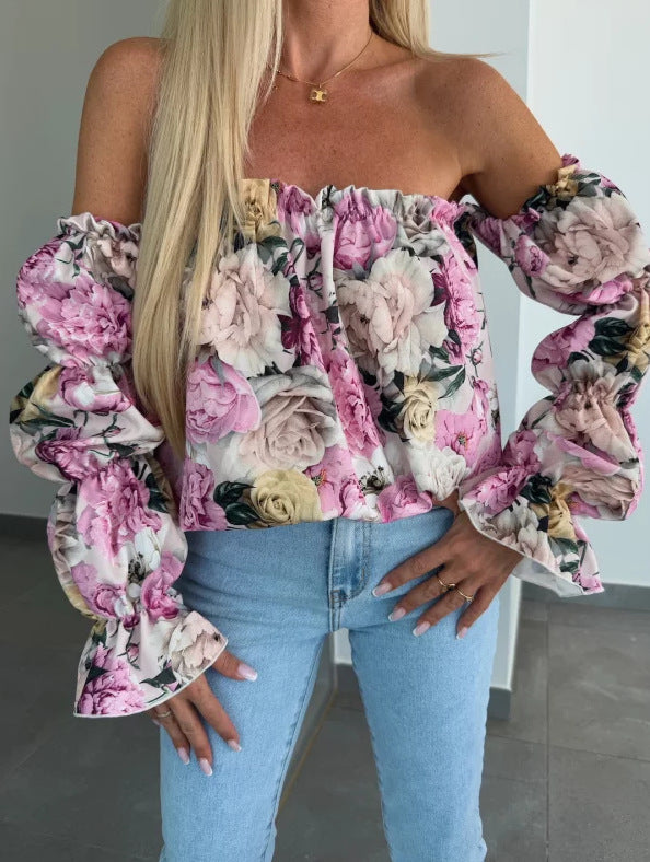 Dame Off-Shoulder Bluse med flæsedetaljer og blomstermønster Stilla