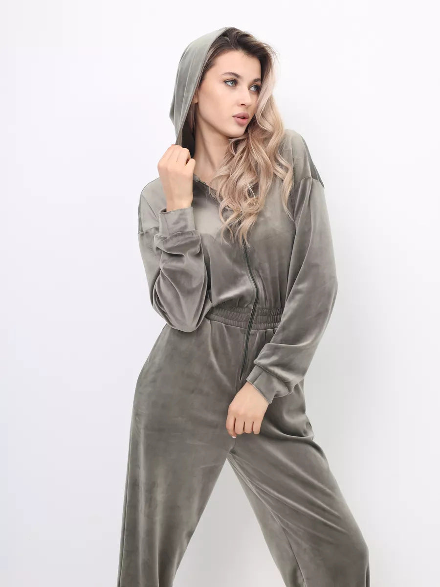Kvindernes fløjls jumpsuit med hætte og elastisk talje Skovae