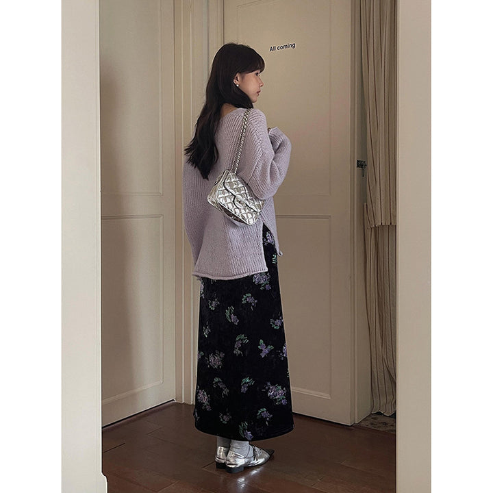Dame elegant maxiskørt i flydende stof med blomstermønster og elastisk talje Stilla