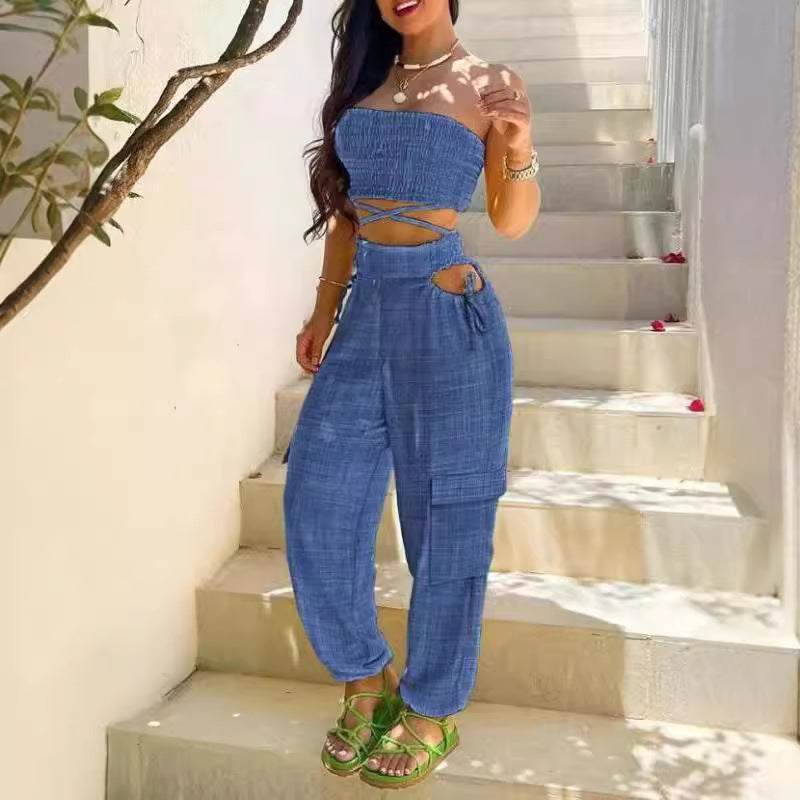 Dame Moderne To-delt bestående af Crop Top og Cargo-Bukser Skovae