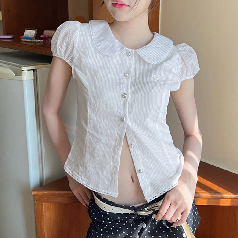 Damen elegante Bluse mit Stehkragen und dekorativen Knopfdetails Skovae