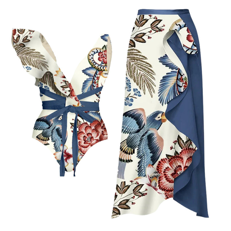 Dame badetøj sæt med blomster ruffles og tætsiddende shorts Skovae