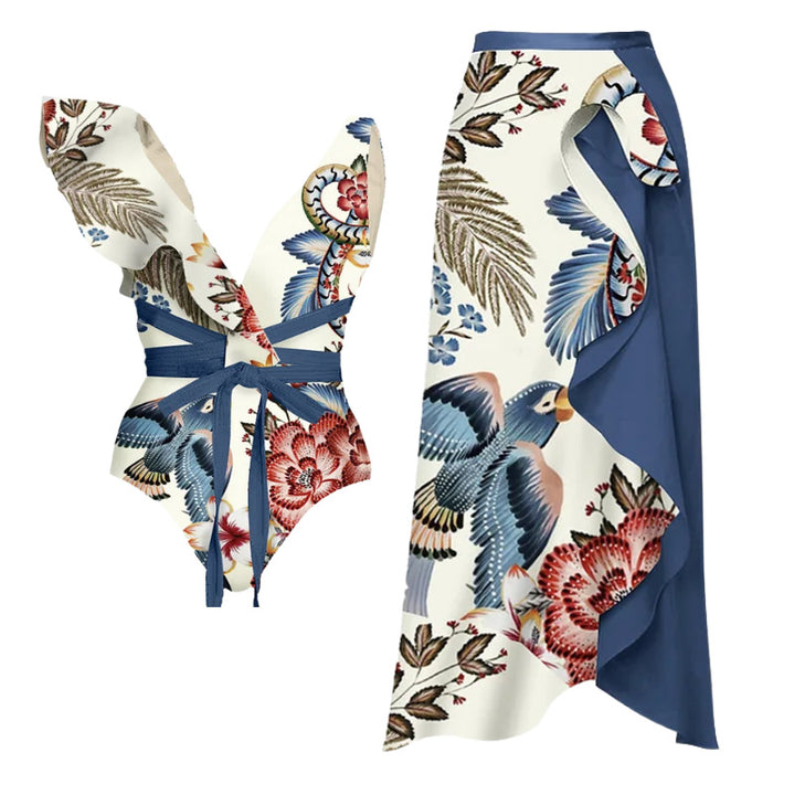 Dame badetøj sæt med blomster ruffles og tætsiddende shorts Skovae
